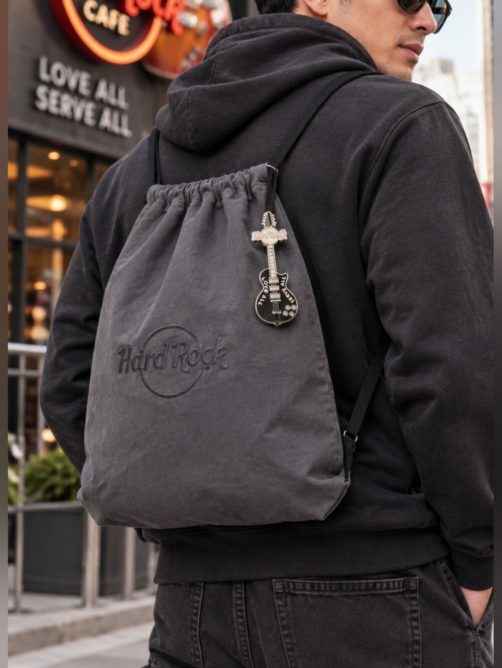 Hard Rock Cafe Drawstring Backpack NWT Guitar Pin Gray